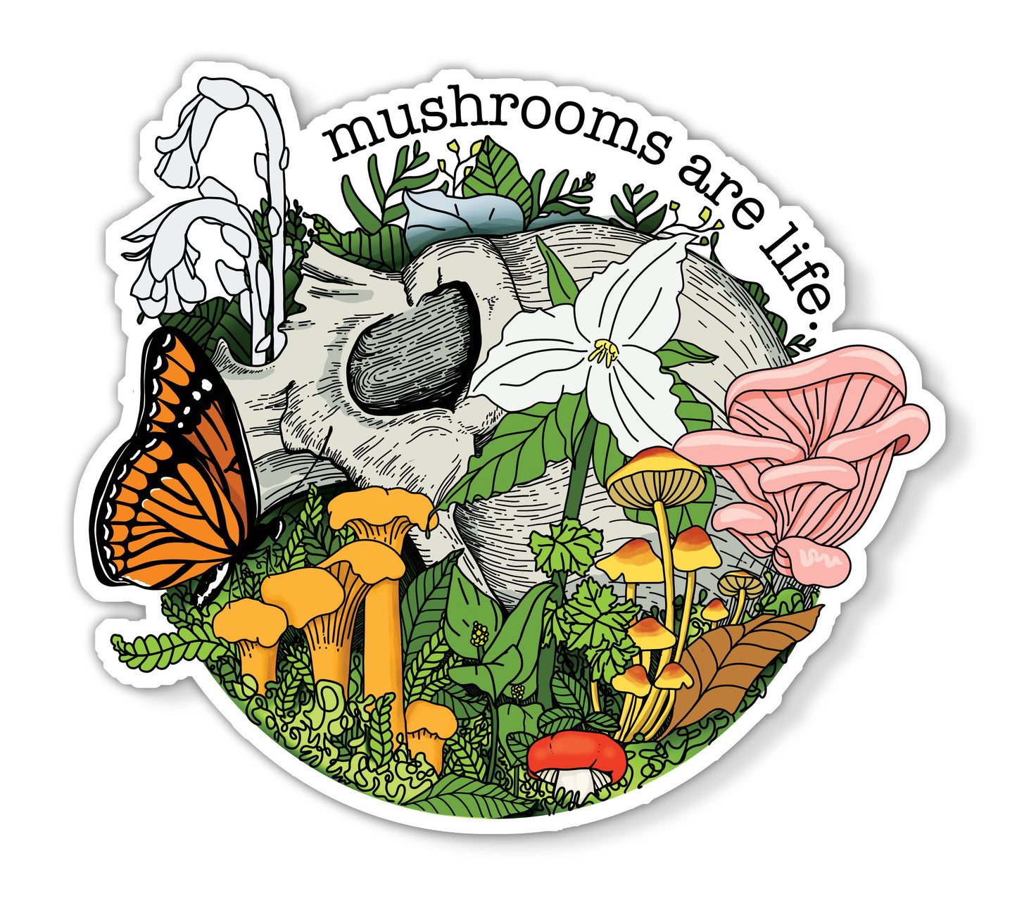 Mushroom Marauder - Mushrooms Are Life Sticker | Human Skull w/Flowers+Mushrooms