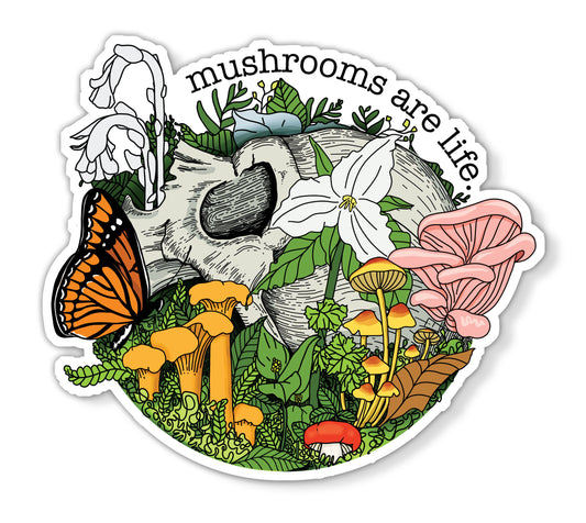 Mushroom Marauder - Mushrooms Are Life Sticker | Human Skull w/Flowers+Mushrooms