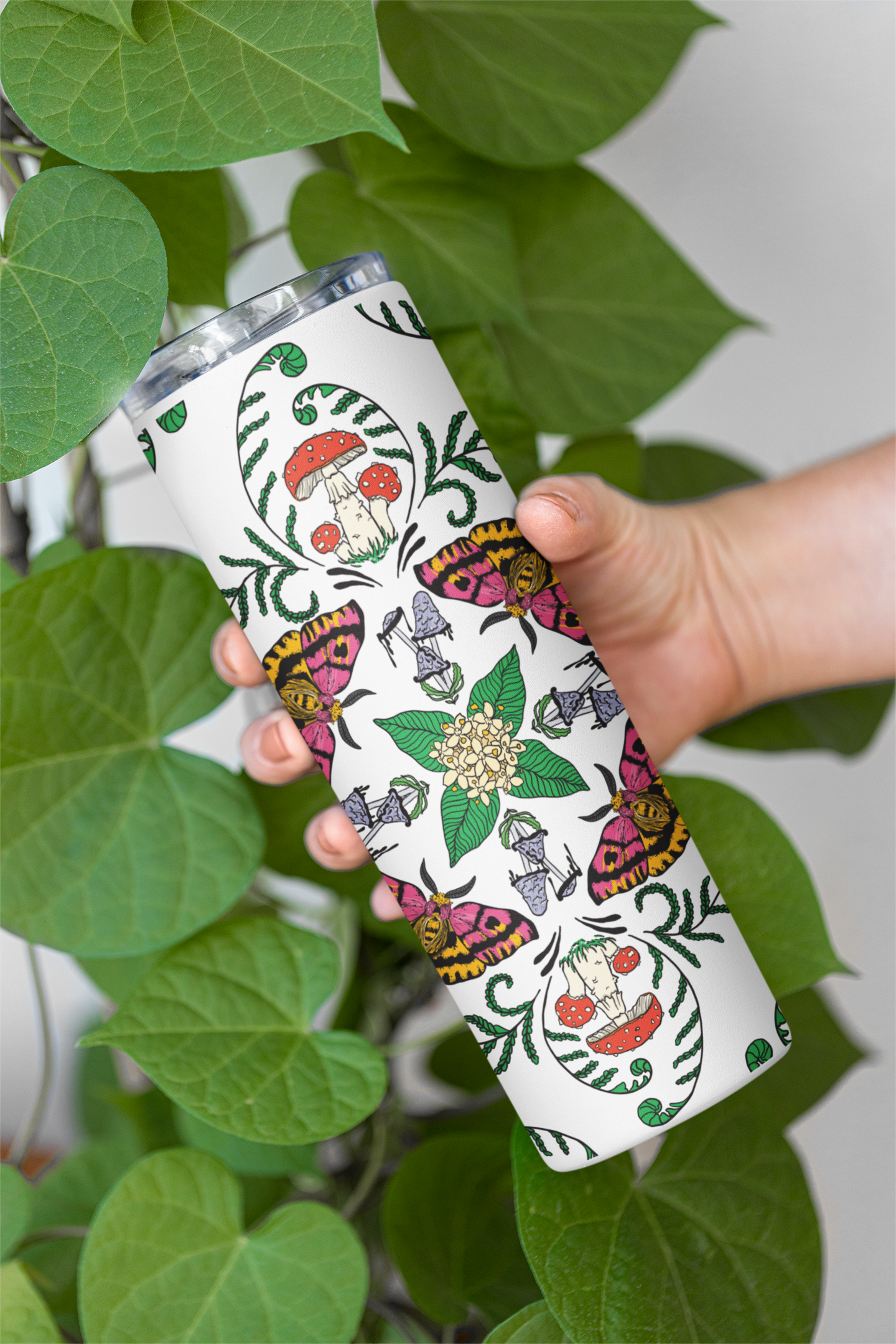 Mushroom Marauder - Mushrooms, Moths + Flowers Full Wrap | 20oz Steel Travel Mug