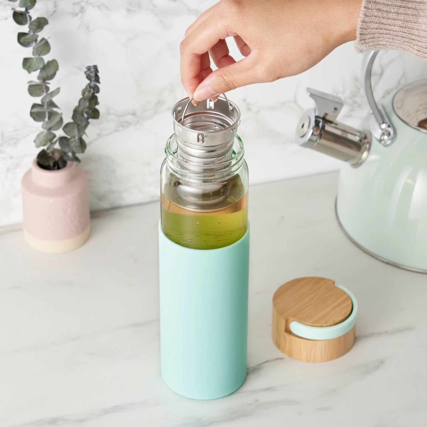 Dana™ Glass Travel Mug Infuser and Silicone Sleeve Turquoise