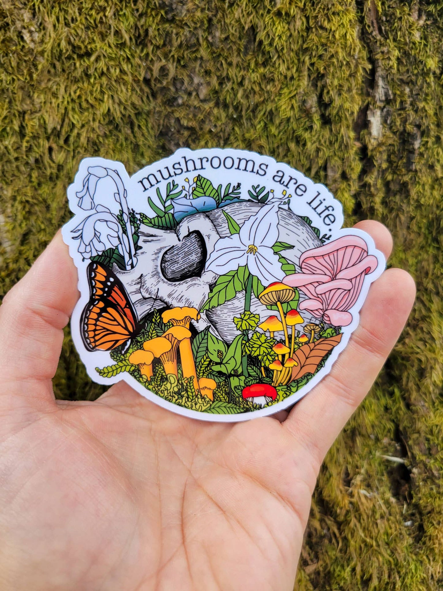 Mushroom Marauder - Mushrooms Are Life Sticker | Human Skull w/Flowers+Mushrooms