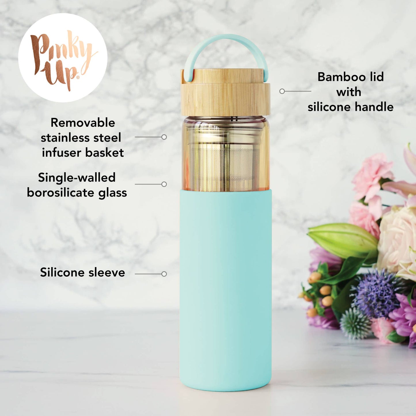 Dana™ Glass Travel Mug Infuser and Silicone Sleeve Turquoise