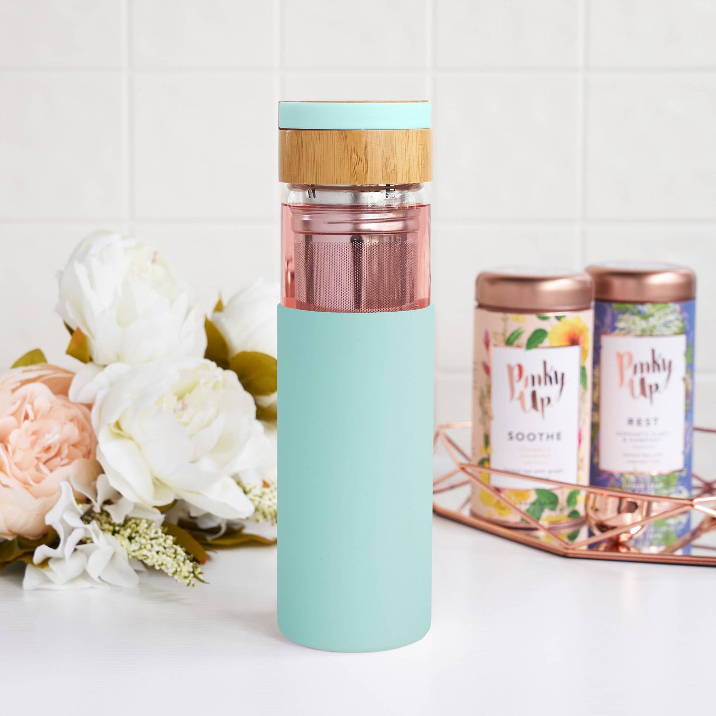 Dana™ Glass Travel Mug Infuser and Silicone Sleeve Turquoise