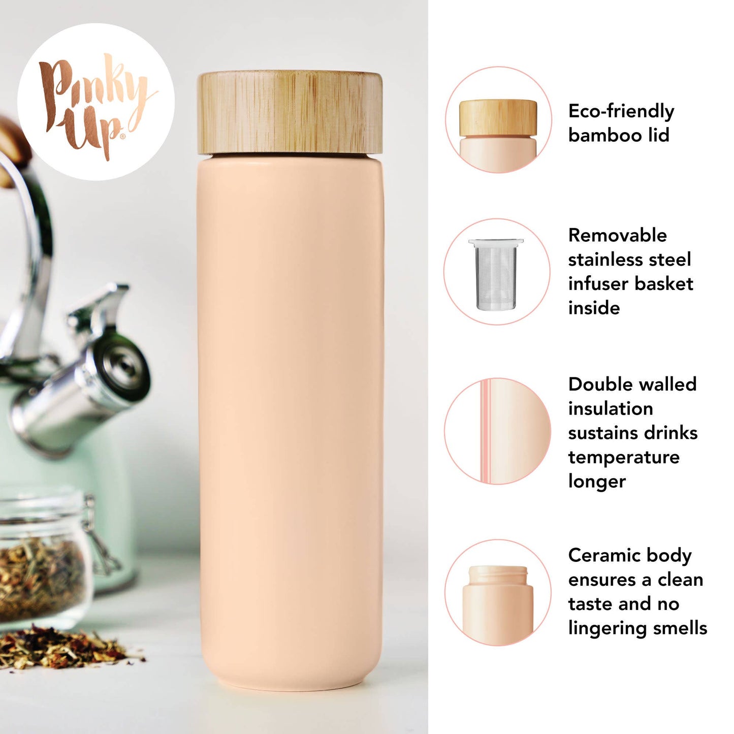 Tatyana™ Double Walled Ceramic Travel Mug w Infuser in Coral