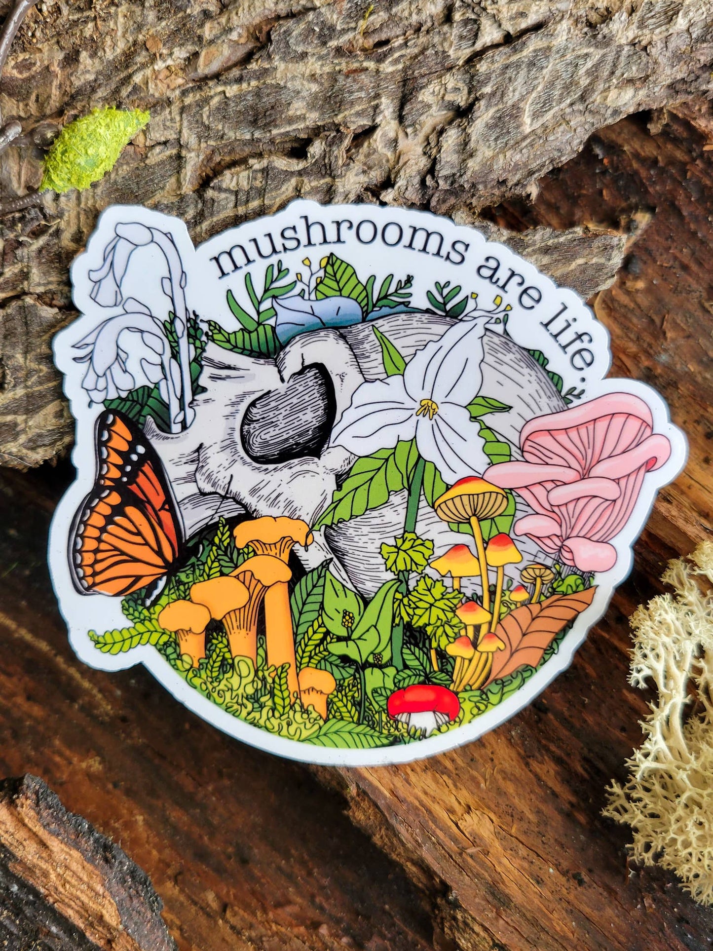 Mushroom Marauder - Mushrooms Are Life Sticker | Human Skull w/Flowers+Mushrooms