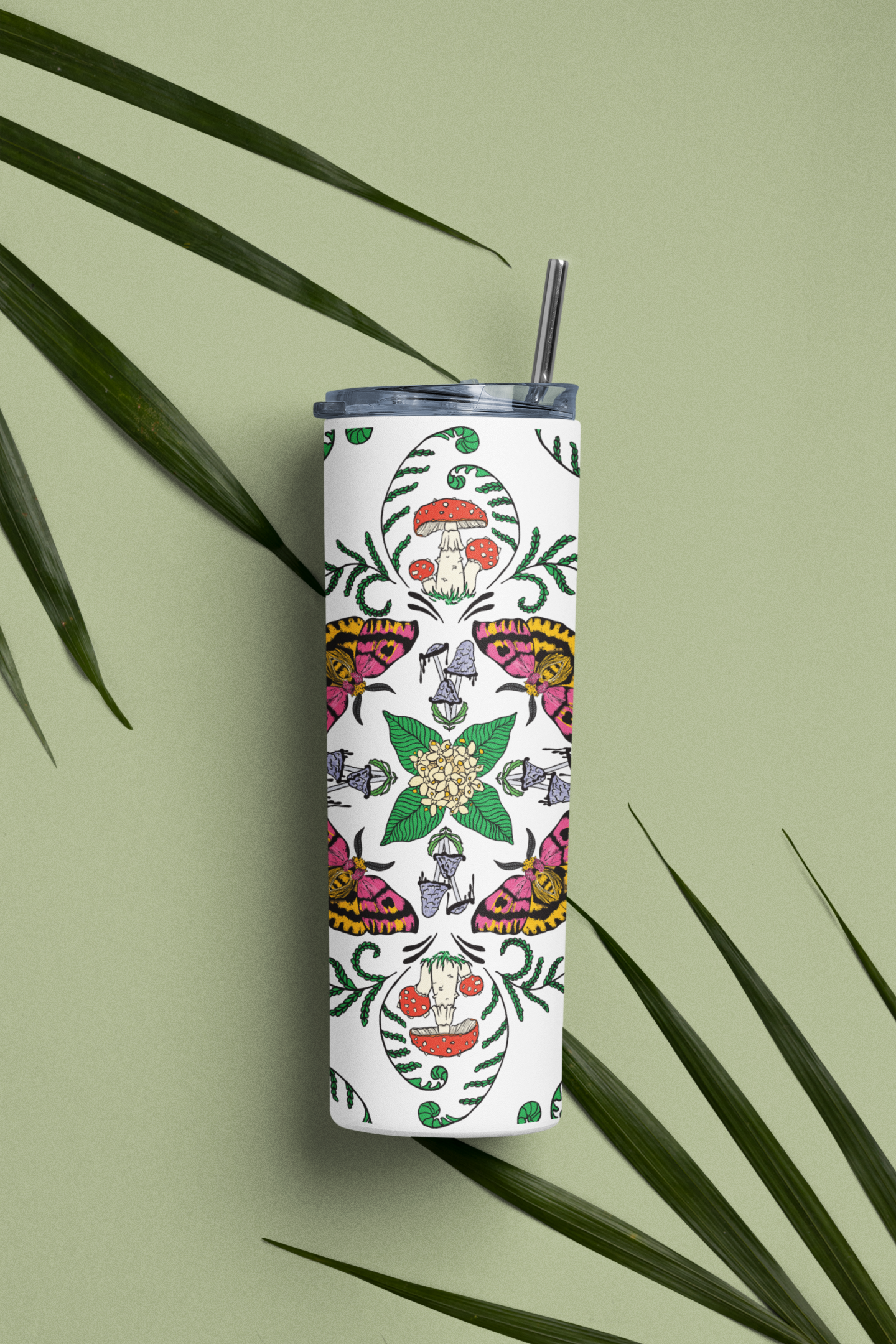 Mushroom Marauder - Mushrooms, Moths + Flowers Full Wrap | 20oz Steel Travel Mug