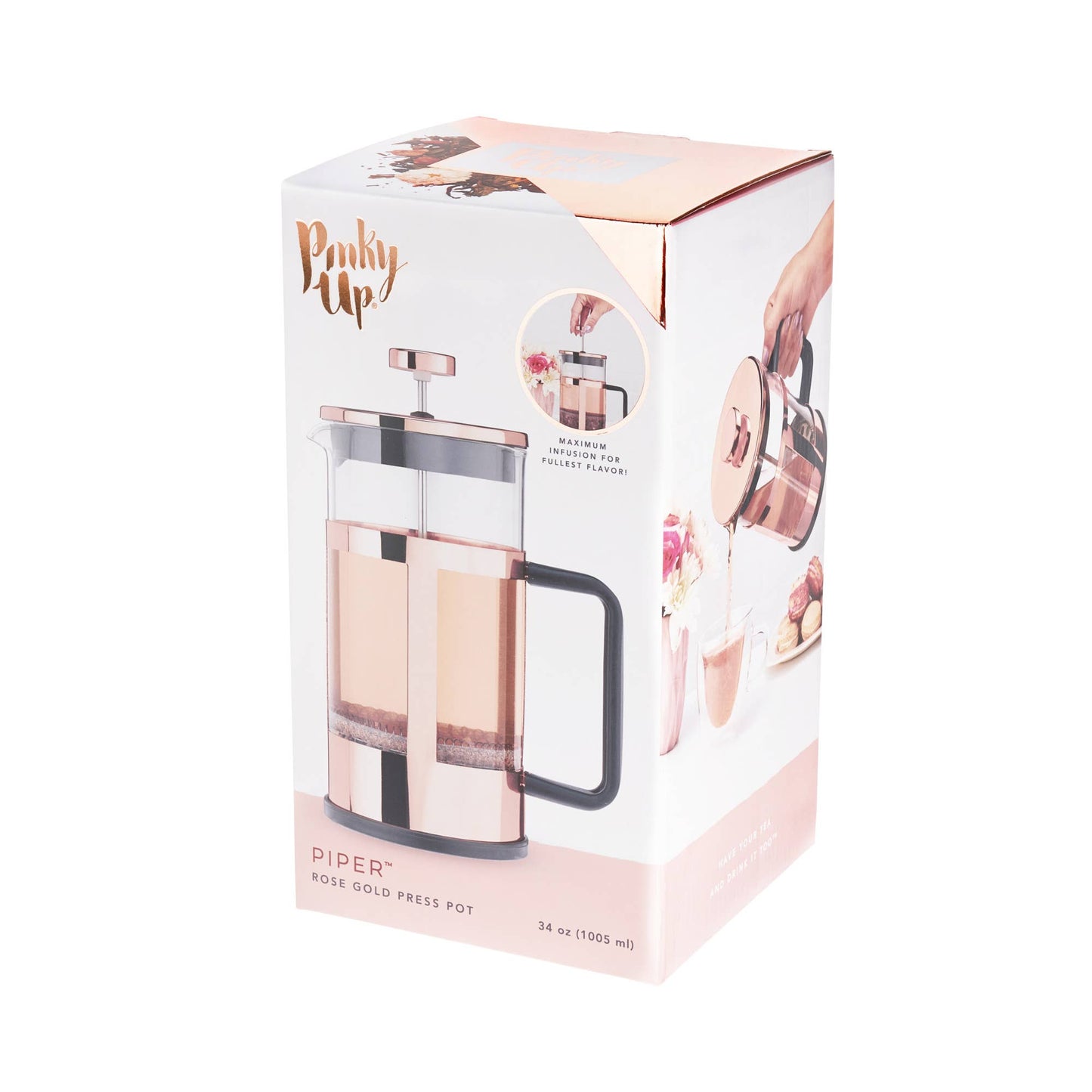 Pinky Up - Piper™ Rose Gold Framed Glass Coffee and Tea Press Pot 34oz