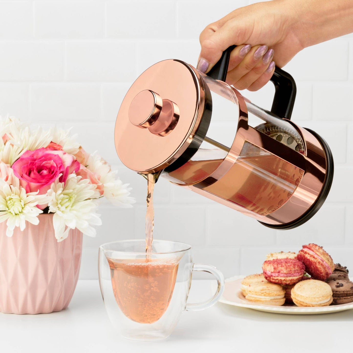 Pinky Up - Piper™ Rose Gold Framed Glass Coffee and Tea Press Pot 34oz