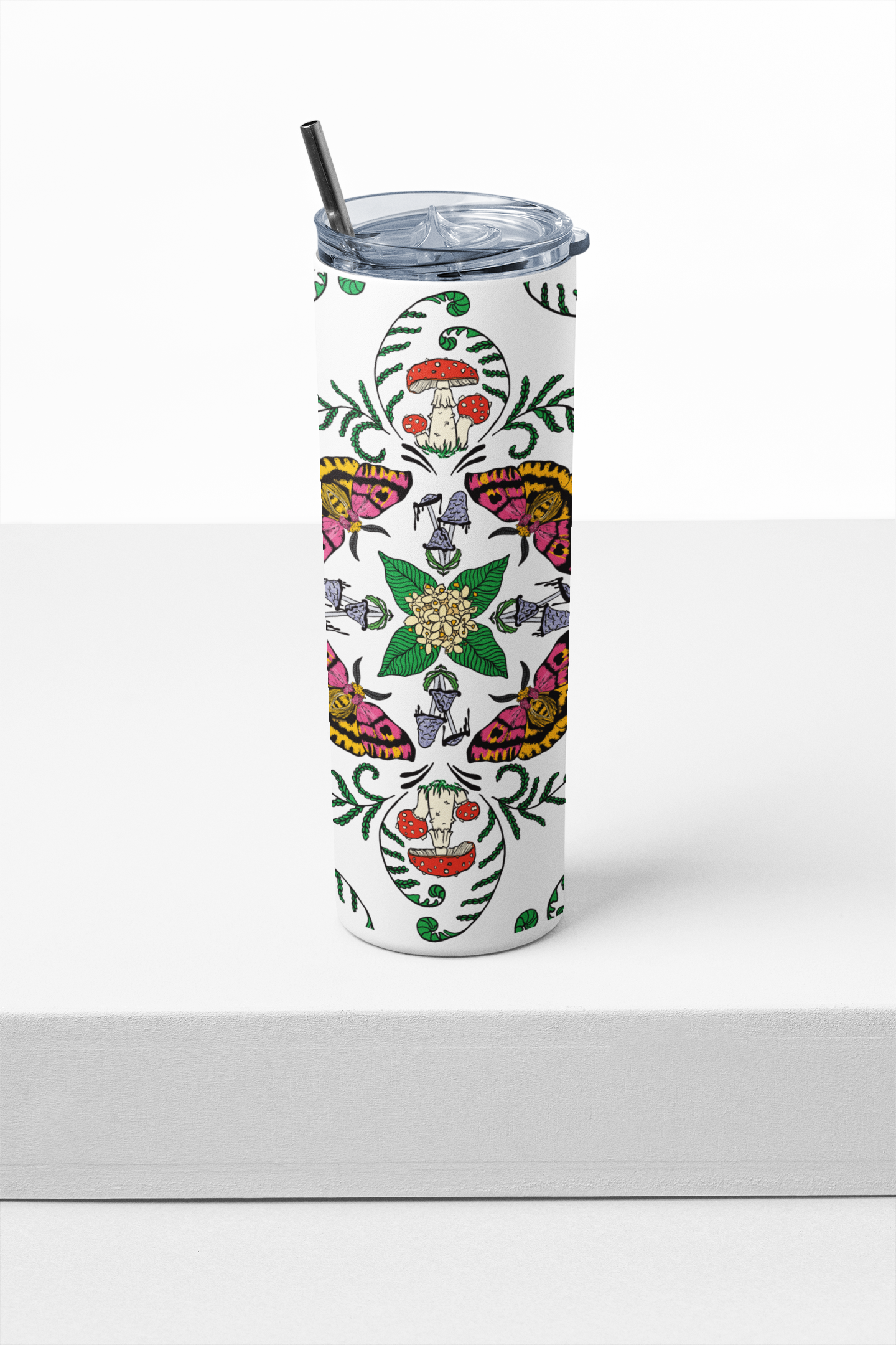 Mushroom Marauder - Mushrooms, Moths + Flowers Full Wrap | 20oz Steel Travel Mug