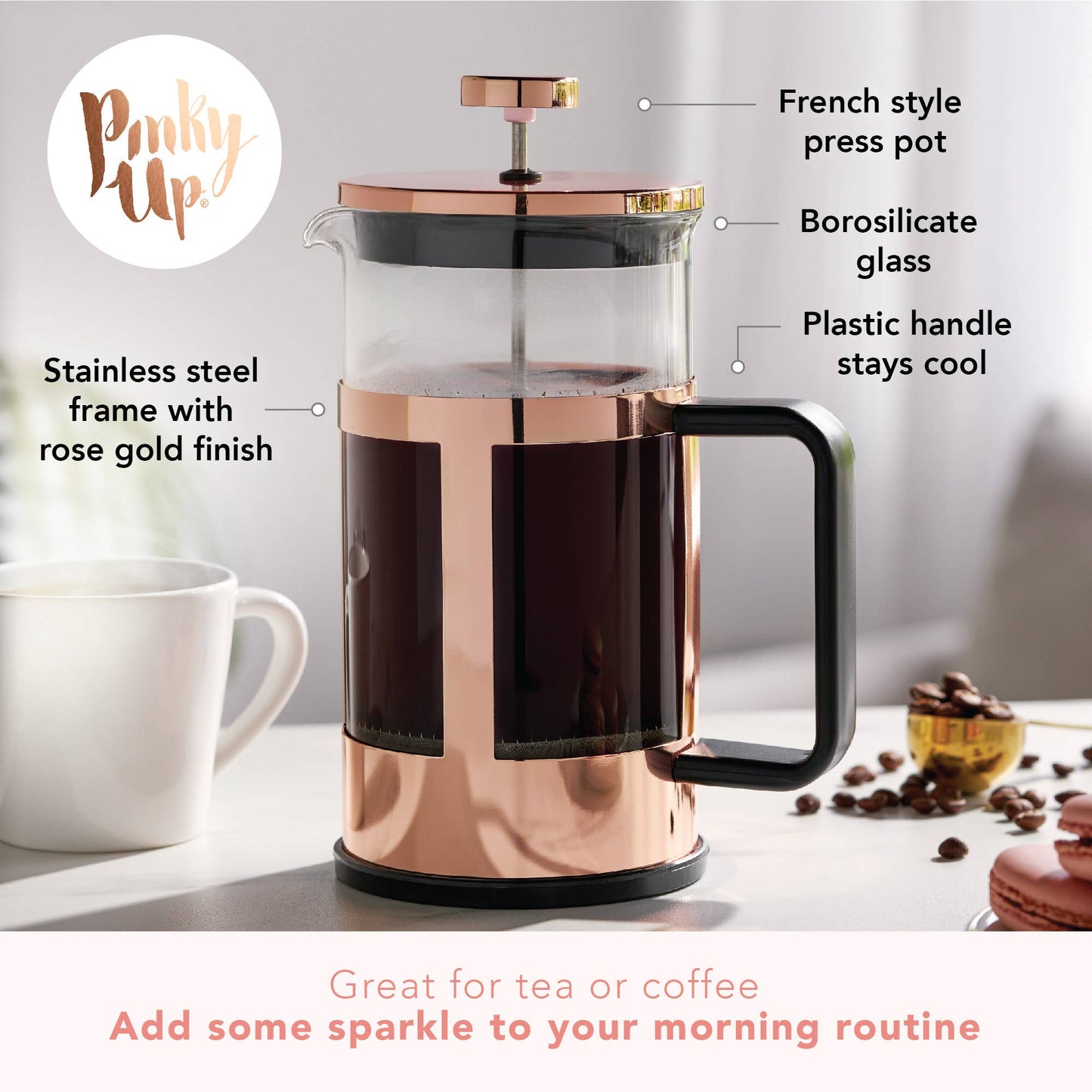 Pinky Up - Piper™ Rose Gold Framed Glass Coffee and Tea Press Pot 34oz